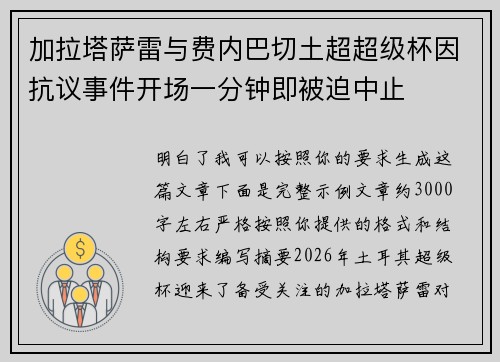 加拉塔萨雷与费内巴切土超超级杯因抗议事件开场一分钟即被迫中止 加拉塔萨雷与费内巴切土超超级杯因抗议事件开场一分钟即被迫中止